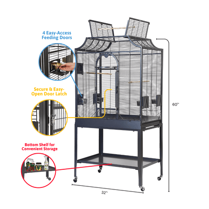 Elegant Flight Cage with labeled features including 4 easy-access feeding doors, secure door latch, bottom shelf storage, and overall dimensions 32” x 60”