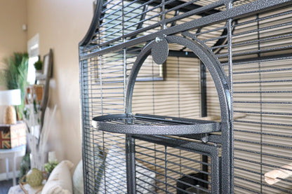 Close-up of the front door and arched swing-out tray on the Elegant Flight Cage, showcasing durable powder-coated finish and secure latch design