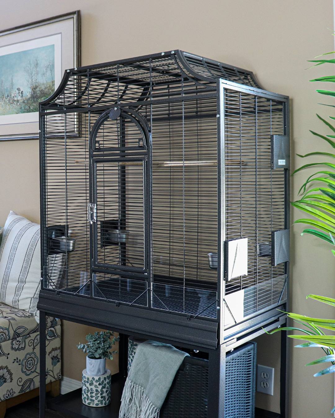 Black flight cage with arched front door, feeding bowls and seed guard, on its stand in a living room