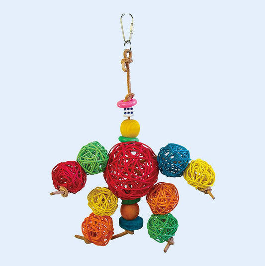 Have A Ball bird toy from Squawk Shop, featuring vibrant wicker balls, wooden beads, and rope for interactive chewing, foraging, and shredding fun.