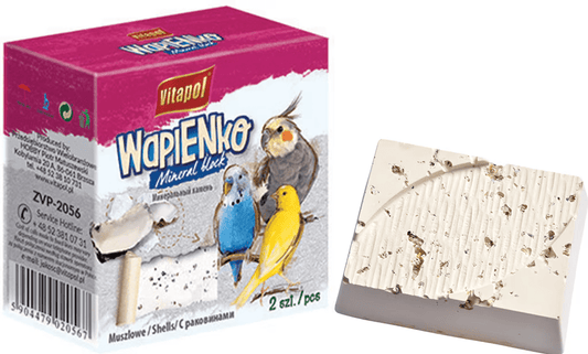 Vitapet Wapienko mineral block packaging with a sample block on a white background