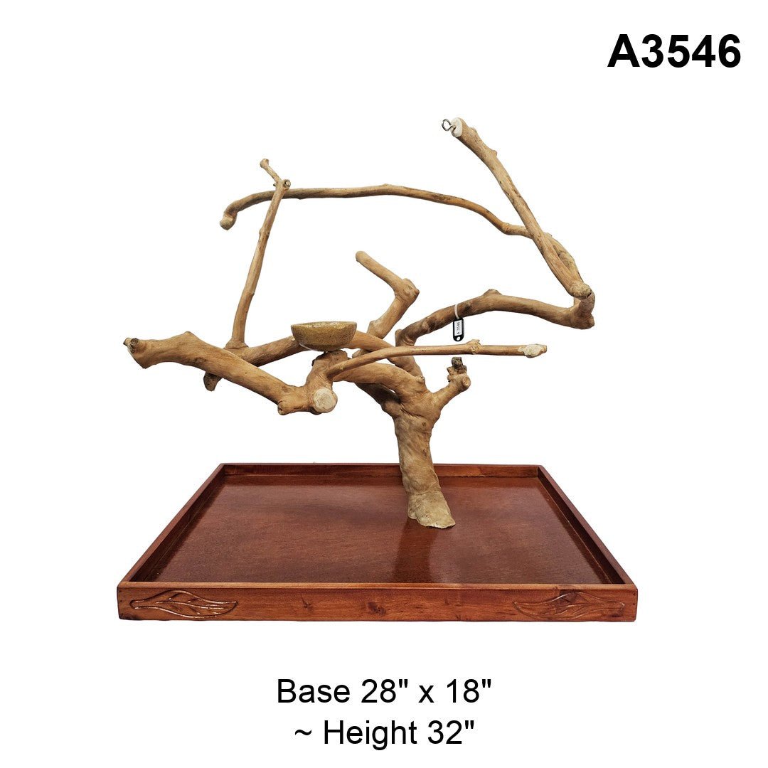 Java wood playstand A3546, broad canopy with a bowl at its centre, base 28 by 18 inches, about 32 inches tall