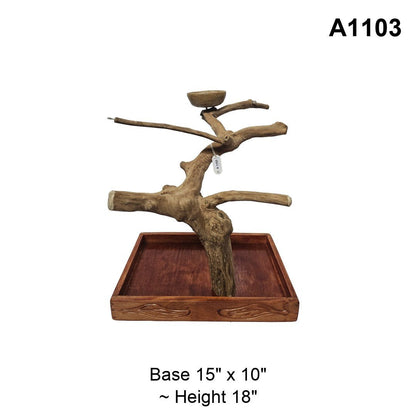 Java wood playstand A1103, wide spreading branches with a bowl on top, base 15 by 10 inches, about 18 inches tall
