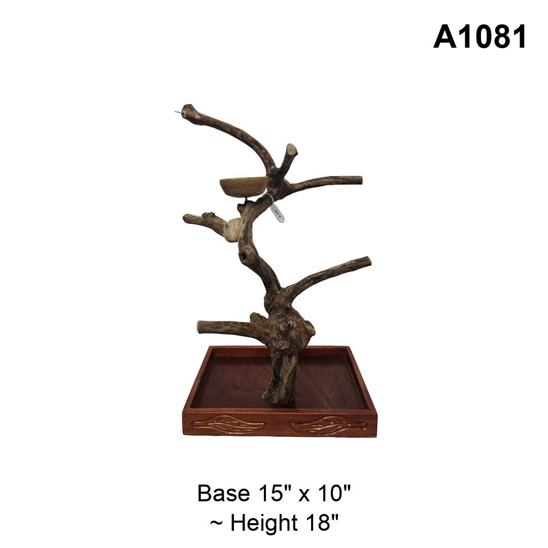 Java wood playstand A1081, tiered branches with a feeding bowl, base 15 by 10 inches, about 18 inches tall