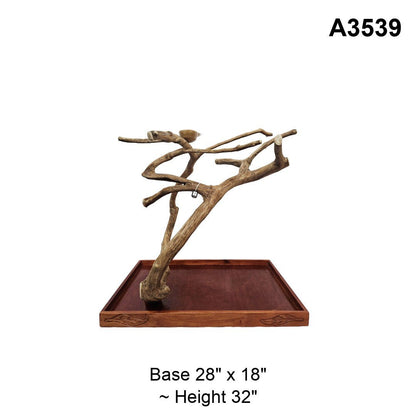 Java wood playstand A3539, angled trunk with a fan of branches, base 28 by 18 inches, about 32 inches tall
