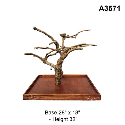 Java wood playstand A3571, many-branched crown with a feeding bowl, base 28 by 18 inches, about 32 inches tall