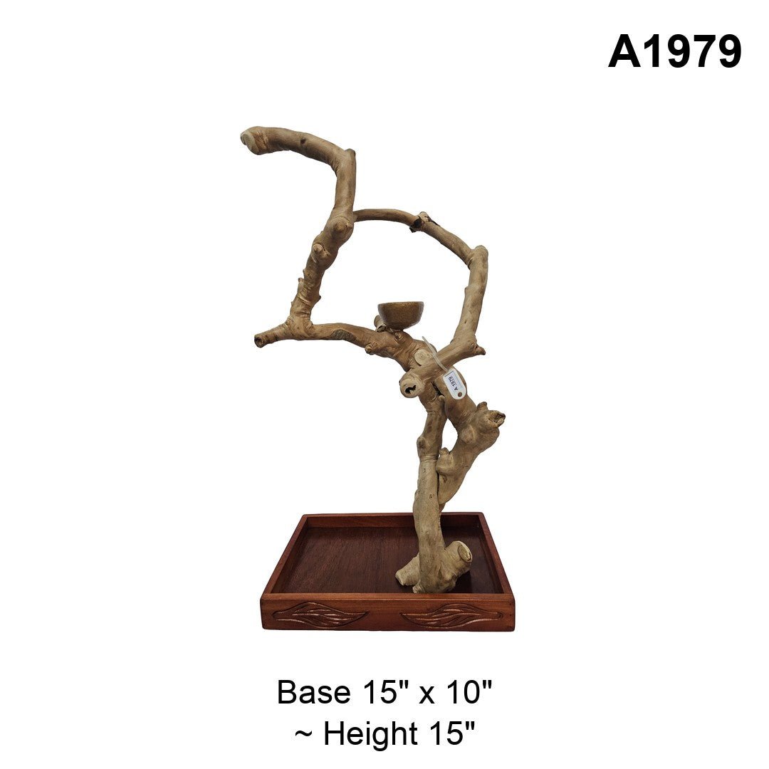 Java wood tabletop playstand A1979, looping branch with a feeding bowl, about 15 inches tall