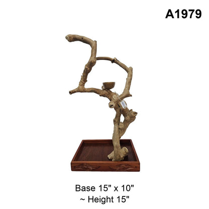 Java wood tabletop playstand A1979, looping branch with a feeding bowl, about 15 inches tall