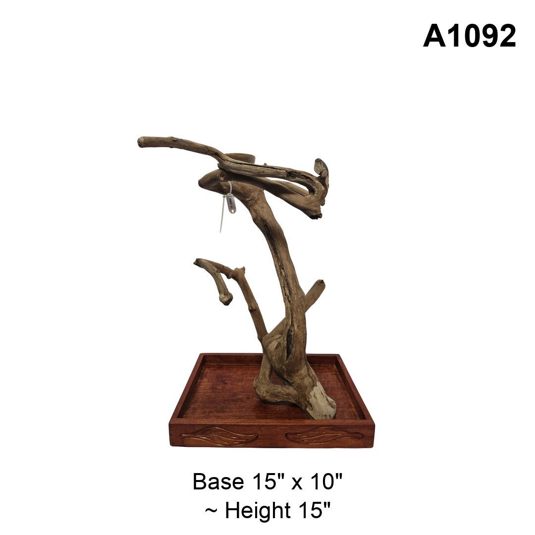 Java wood playstand A1092, upright trunk with a curved top branch, base 15 by 10 inches, about 15 inches tall