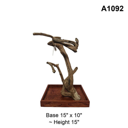 Java wood playstand A1092, upright trunk with a curved top branch, base 15 by 10 inches, about 15 inches tall