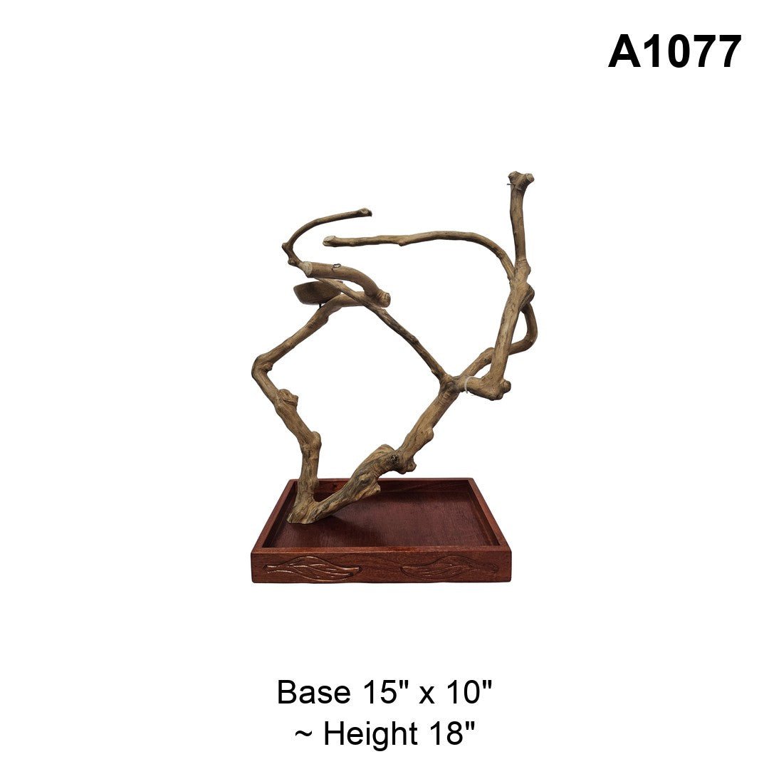 Java wood playstand A1077, open looping branches, base 15 by 10 inches, about 18 inches tall