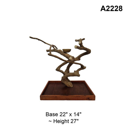 Java wood playstand A2228, slender spreading branches with a bowl, base 22 by 14 inches, about 27 inches tall