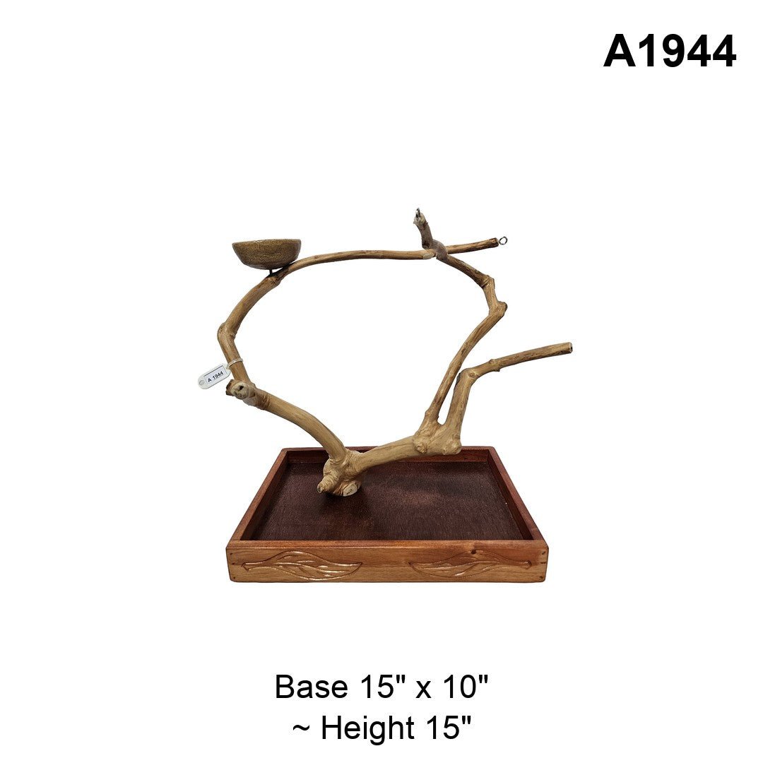 Java wood tabletop playstand A1944, wide arching branch with a feeding bowl, about 15 inches tall