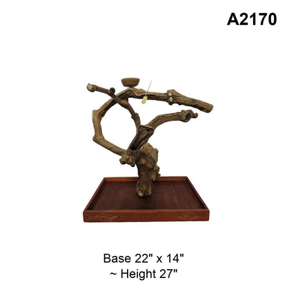 Java wood playstand A2170, ring-shaped branch with a feeding bowl, base 22 by 14 inches, about 27 inches tall