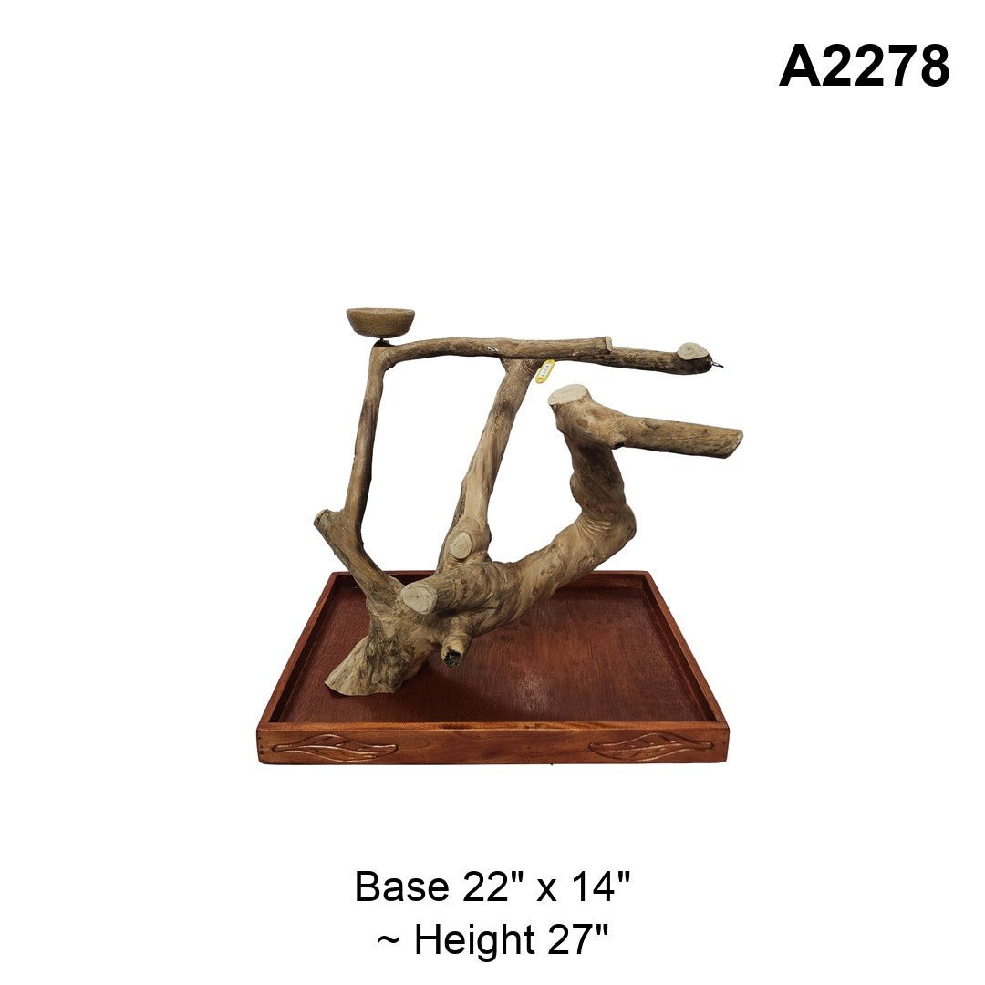 Java wood playstand A2278, square-framed branches with a bowl, base 22 by 14 inches, about 27 inches tall