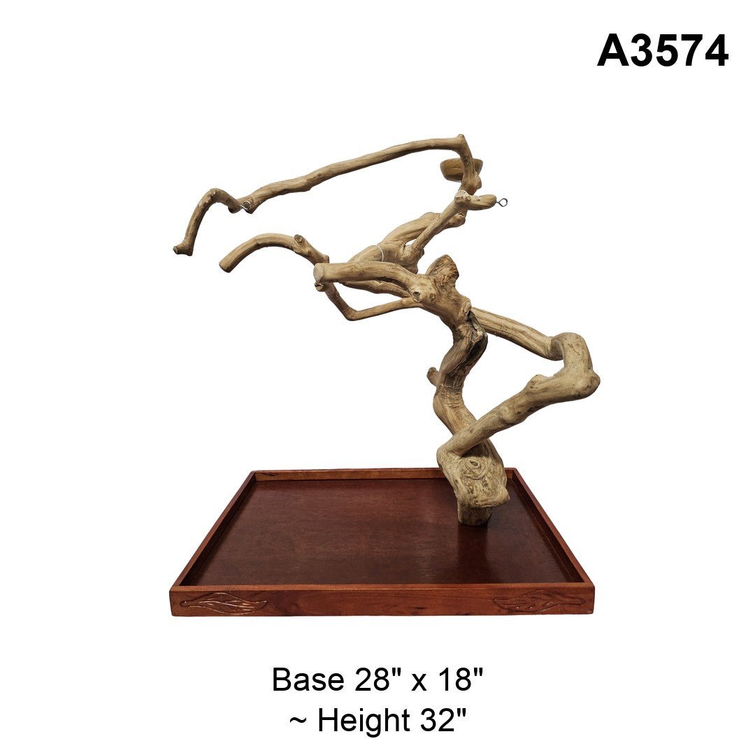 Java wood playstand A3574, long sweeping branch above a twisted trunk, base 28 by 18 inches, about 32 inches tall