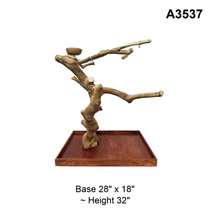 Java wood playstand A3537, high branch with a feeding bowl above a curved trunk, base 28 by 18 inches, about 32 inches tall