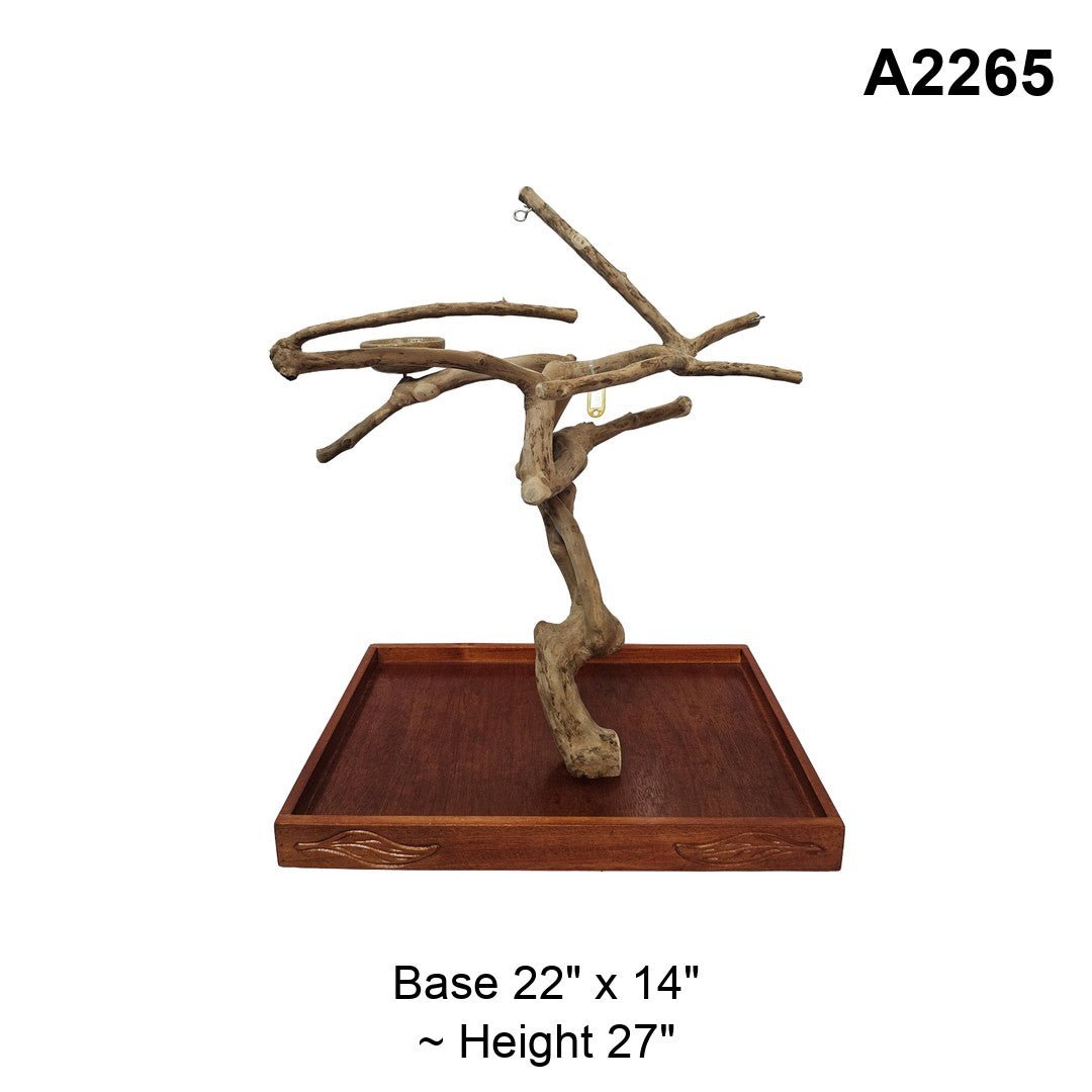 Java wood playstand A2265, tall trunk with wide crossing branches, base 22 by 14 inches, about 27 inches tall