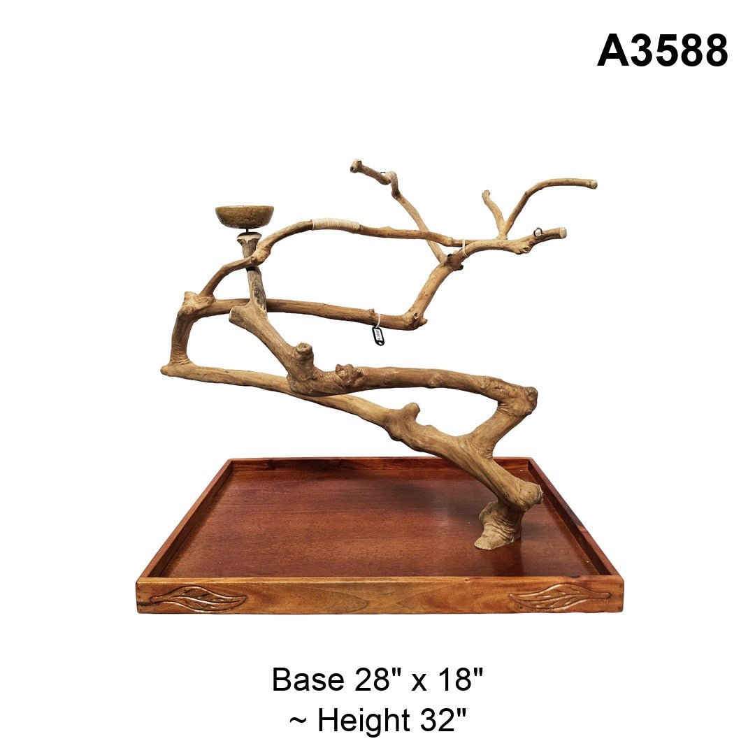 Java wood playstand A3588, low wide branches with a feeding bowl, base 28 by 18 inches, about 32 inches tall