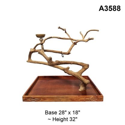 Java wood playstand A3588, low wide branches with a feeding bowl, base 28 by 18 inches, about 32 inches tall