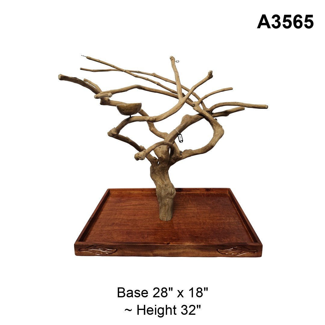 Java wood playstand A3565, many fine branches forming a wide canopy, base 28 by 18 inches, about 32 inches tall