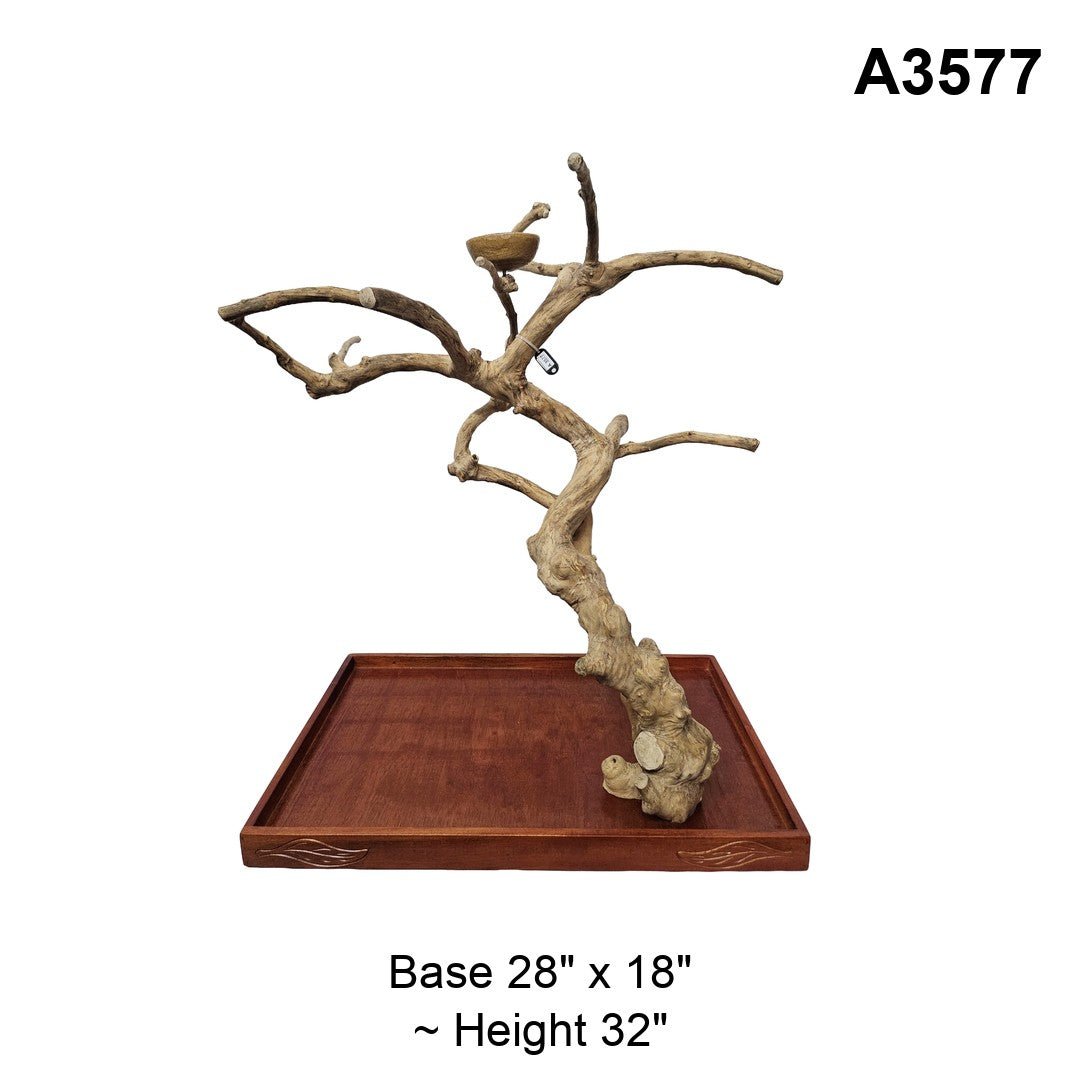 Java wood playstand A3577, tall trunk with a wide canopy and a bowl, base 28 by 18 inches, about 32 inches tall