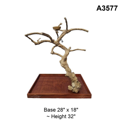 Java wood playstand A3577, tall trunk with a wide canopy and a bowl, base 28 by 18 inches, about 32 inches tall