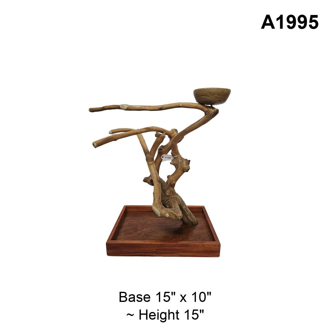 Java wood playstand A1995, long horizontal branch with a bowl, base 15 by 10 inches, about 15 inches tall