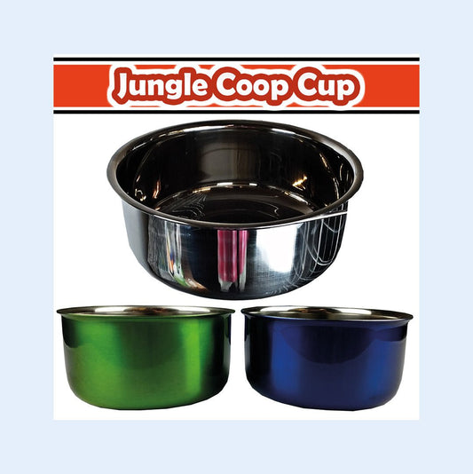 Jungle Coop Cup bird feeder from Squawk Shop, a durable stainless steel cup with secure mounting hardware for holding food or water in bird cages.