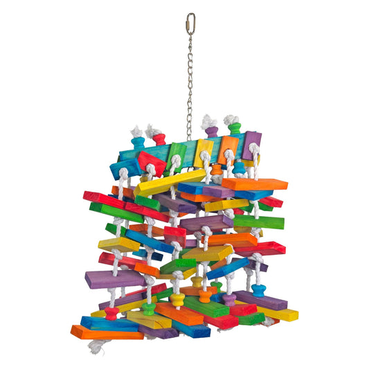 Jungle Gym hanging bird toy with colorful wood blocks, cotton rope, and metal hanging chain