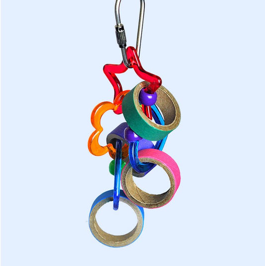 Keet Rings bird toy from Squawk Shop, featuring colorful wooden and acrylic rings, beads, and shapes for small birds to chew, swing, and play.