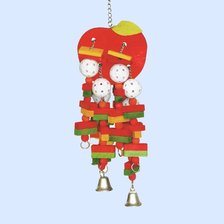 Large Apple bird toy from Squawk Shop, featuring a red apple base, colorful wooden blocks, plastic balls, and jingling bells for medium to large birds.