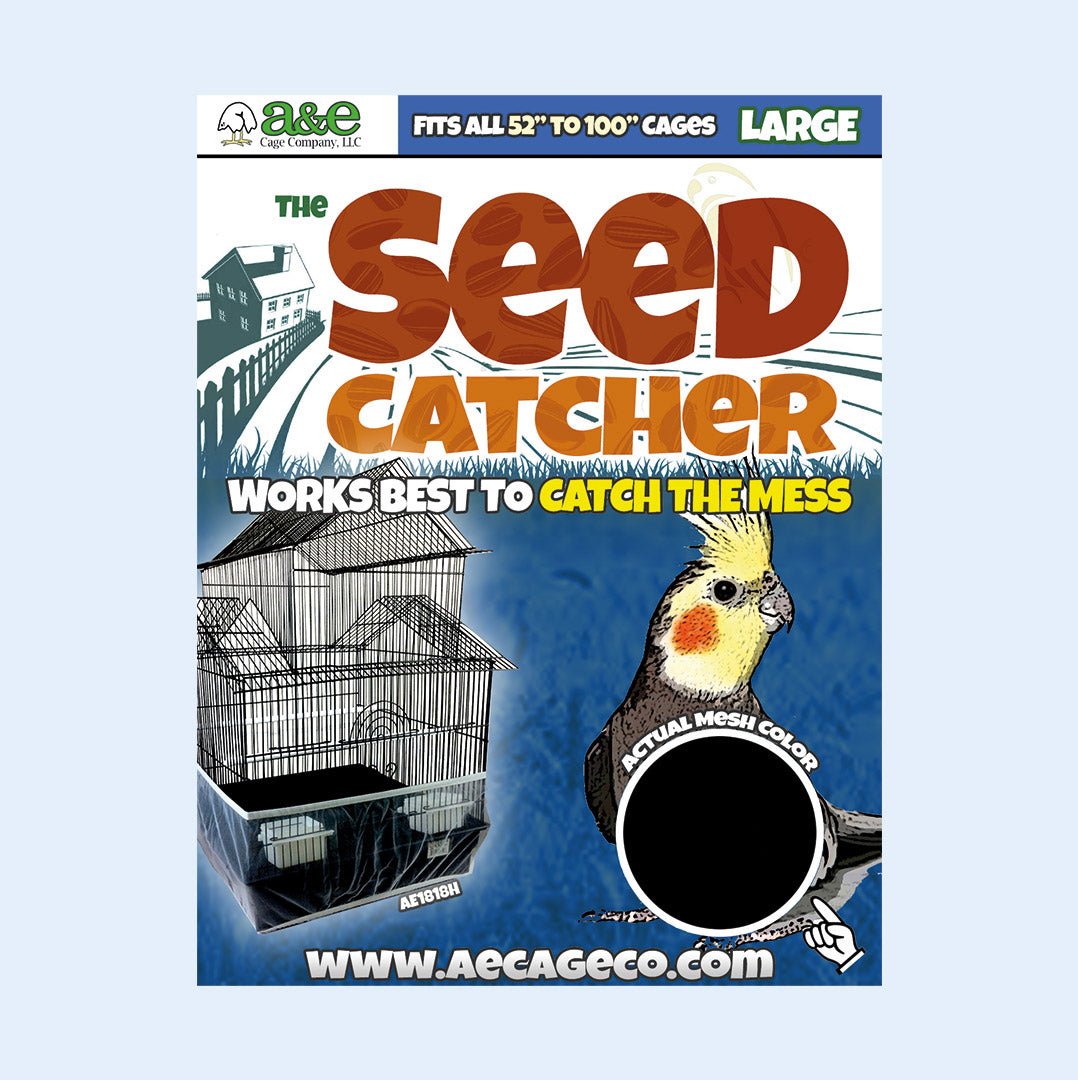 Large Seed Catcher from Squawk Shop for bird cages, fits 52" to 100", 13" high, in breathable black mesh for mess control and easy cleaning.