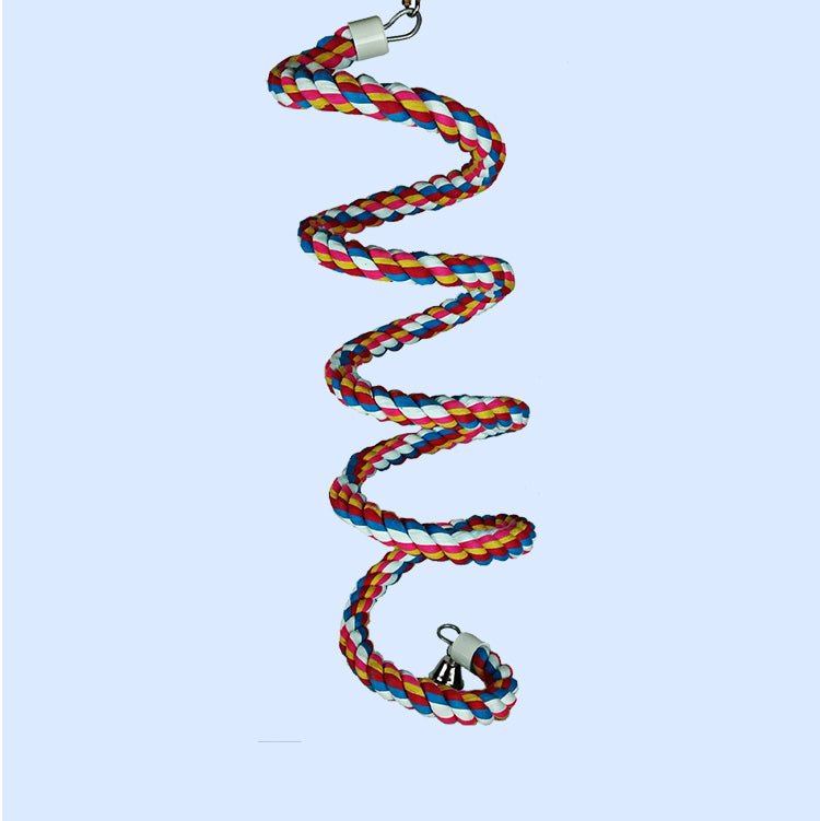 A large, spiral-shaped cotton rope boing with vibrant rainbow colors and a metal bell at the bottom, designed for hanging in a bird's cage.