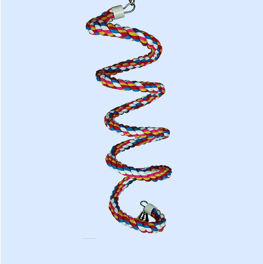 A large, spiral-shaped cotton rope boing with vibrant rainbow colors and a metal bell at the bottom, designed for hanging in a bird's cage.