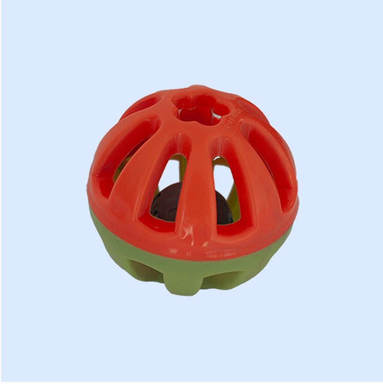 Large Round Rattle Foot Bird Toy from Squawk Shop, featuring a vibrant red and green design with a built-in rattle for medium to large birds.