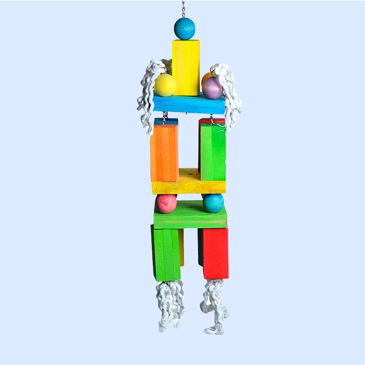 Mega Blocks & Cotton Preening Rope bird toy with colorful wooden blocks and soft cotton rope for large parrots. Available at Squawk Shop!