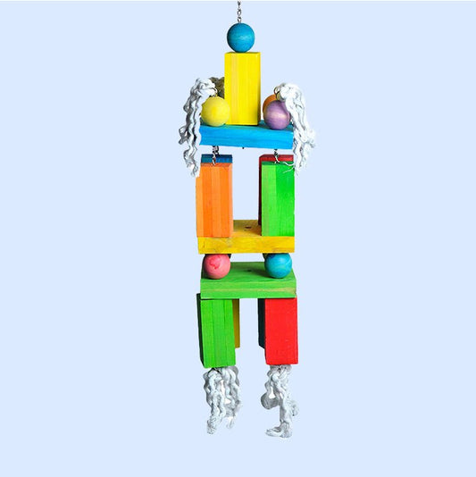 Mega Blocks & Cotton Preening Rope bird toy with colorful wooden blocks and soft cotton rope for large parrots. Available at Squawk Shop!