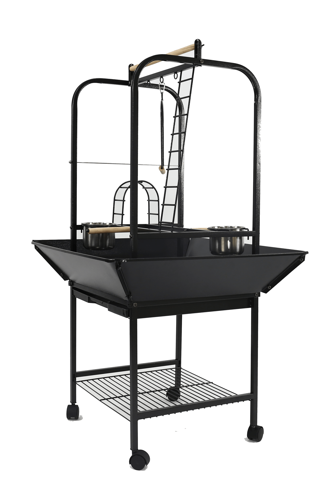 Black rolling parrot play stand with ladders, swing, stainless steel feeder cups, seed guards, and storage shelf