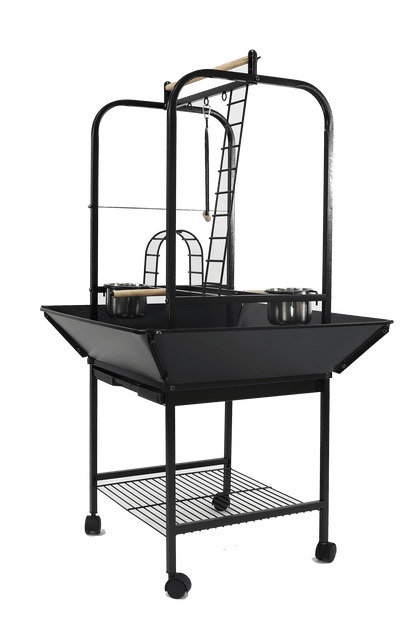 Black rolling parrot play stand with ladders, swing, stainless steel feeder cups, seed guards, and storage shelf