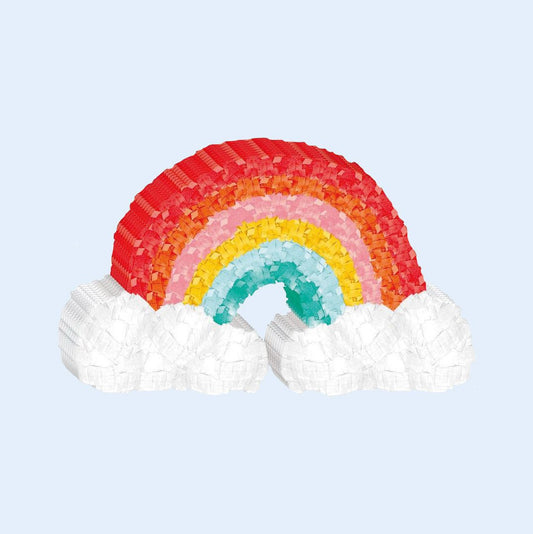 A rainbow-shaped bird piñata with vibrant red, orange, yellow, pink, and blue arches, topped with fluffy white clouds. Designed for parrots to shred, forage, and play. Available at Squawk Shop.