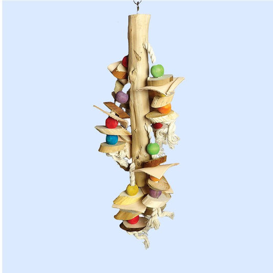 Real Wood Bird Toy with Hanging Wood Cylinders from Squawk Shop, featuring natural wood, colorful wooden cylinders, and rope for climbing, chewing, and interactive play.