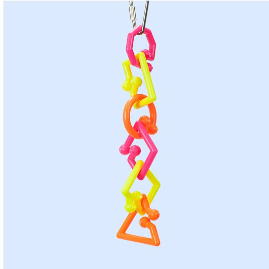 A large bird toy made of interlocking neon-colored plastic links, designed for pulling, shaking, and rattling to entertain birds and encourage activity.