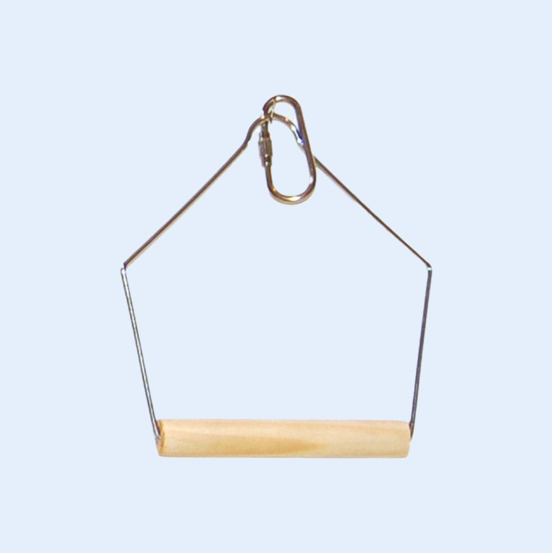 Small Economy Bird Swing from Squawk Shop, featuring a 3" x 4" bird-safe wooden perch and durable wire frame for medium to large birds.