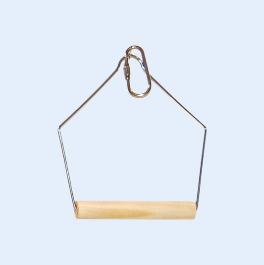 Small Economy Bird Swing from Squawk Shop, featuring a 3" x 4" bird-safe wooden perch and durable wire frame for medium to large birds.