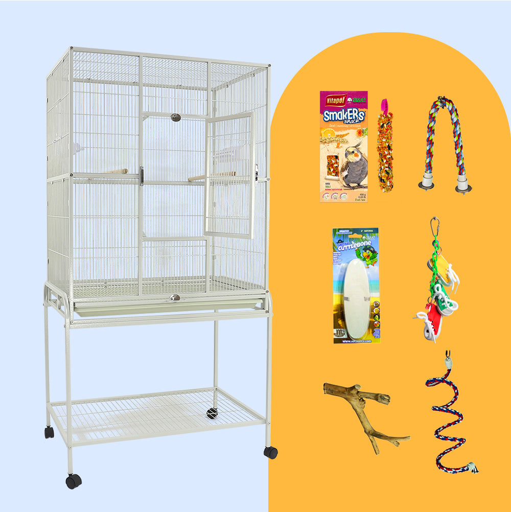 Small Flight Bird Cage Bundle from Squawk Shop featuring a black flight cage with front door, rope perches, toys, cuttlebone, and treats for small birds