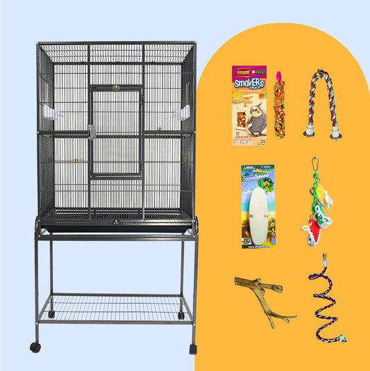 Small Flight Bird Cage Bundle from Squawk Shop featuring a black flight cage with front door, rope perches, toys, cuttlebone, and treats for small birds