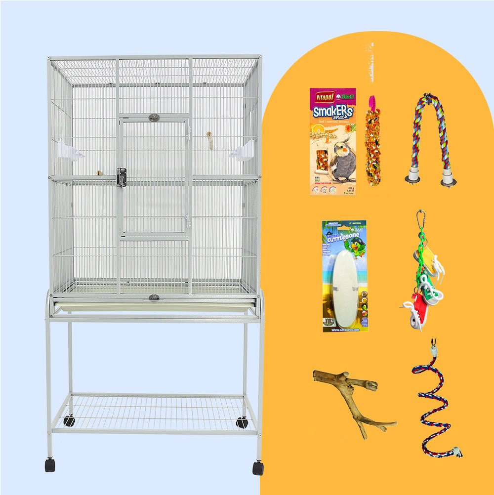Small Flight Bird Cage Bundle from Squawk Shop featuring a black flight cage with front door, rope perches, toys, cuttlebone, and treats for small birds