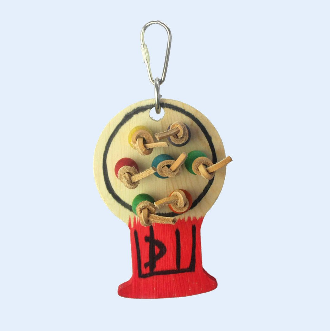 Small Gumball Machine Bird Toy with wooden beads and leather strips, designed for fun chewing and foraging. Available at Squawk Shop!