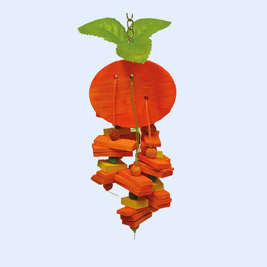 Small Orange Bird Toy with wooden blocks, beads, and a leaf topper, designed for chewing and foraging fun. Available now at Squawk Shop!